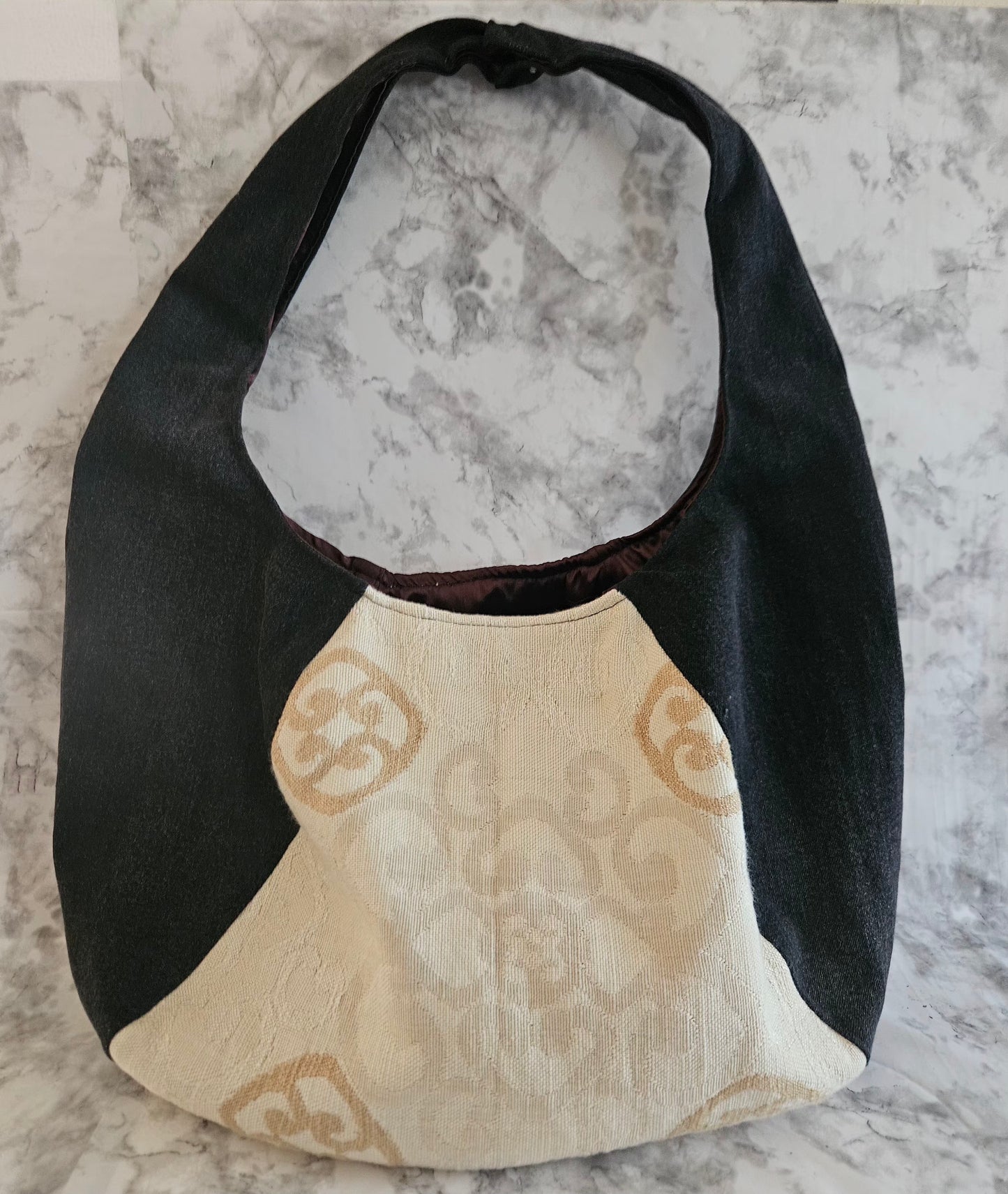 Golden Bloom Hobo Bag – Handcrafted Denim & Tapestry Shoulder Bag with Satin Lining | Boho Luxe Handmade Purse